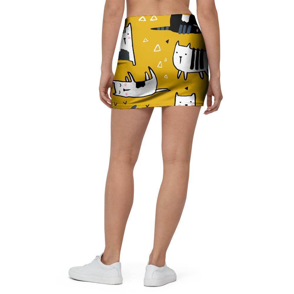 Yellow Doodle Cat Print Mini Skirt-grizzshop