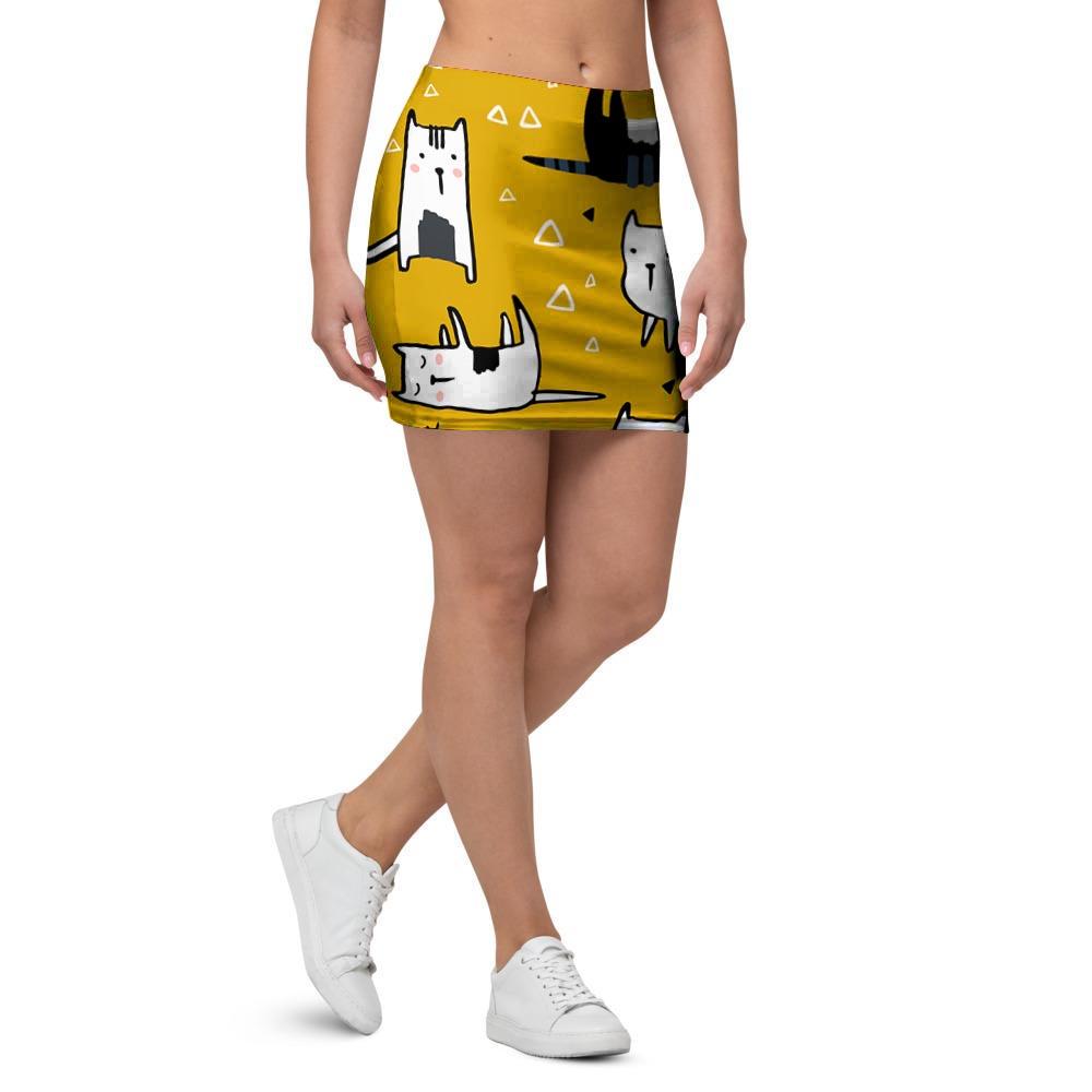 Yellow Doodle Cat Print Mini Skirt-grizzshop