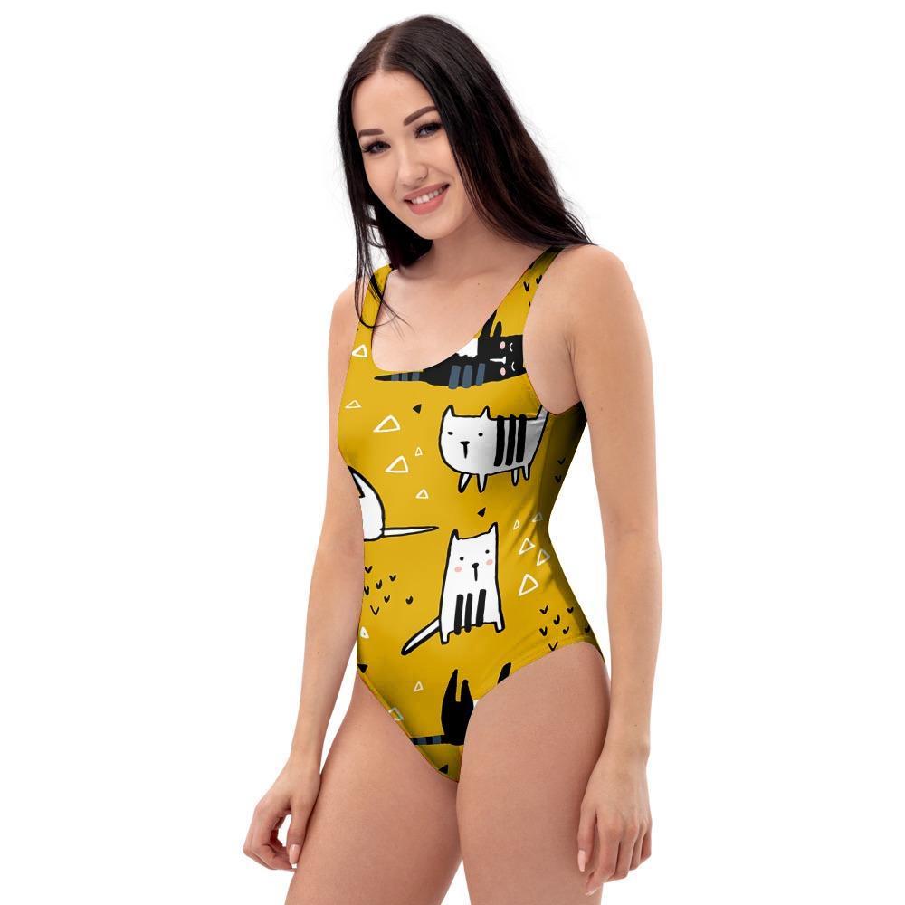 Yellow Doodle Cat Print One Piece Swimsuite-grizzshop