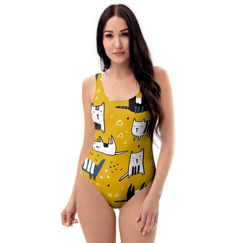 Yellow Doodle Cat Print One Piece Swimsuite-grizzshop