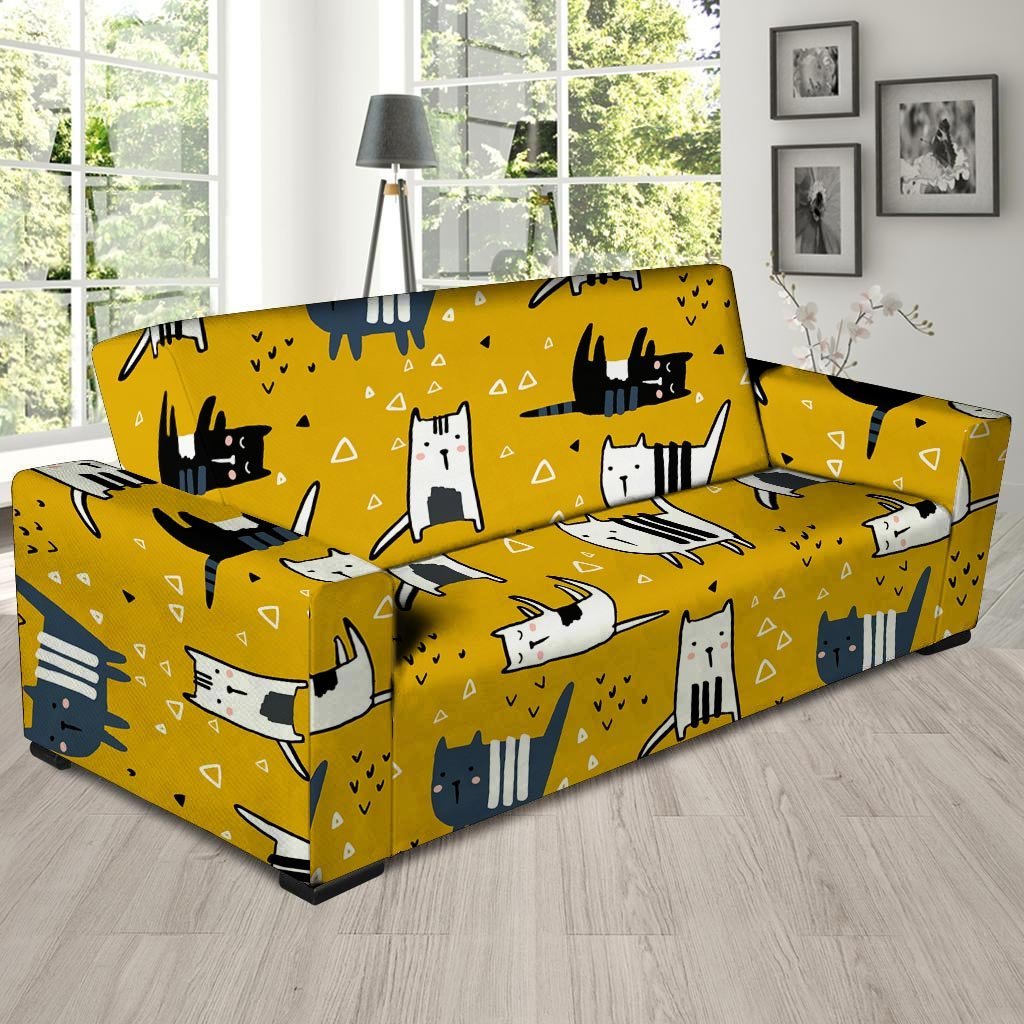 Yellow Doodle Cat Print Sofa Cover-grizzshop