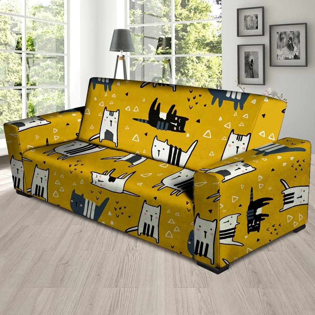 Yellow Doodle Cat Print Sofa Cover-grizzshop