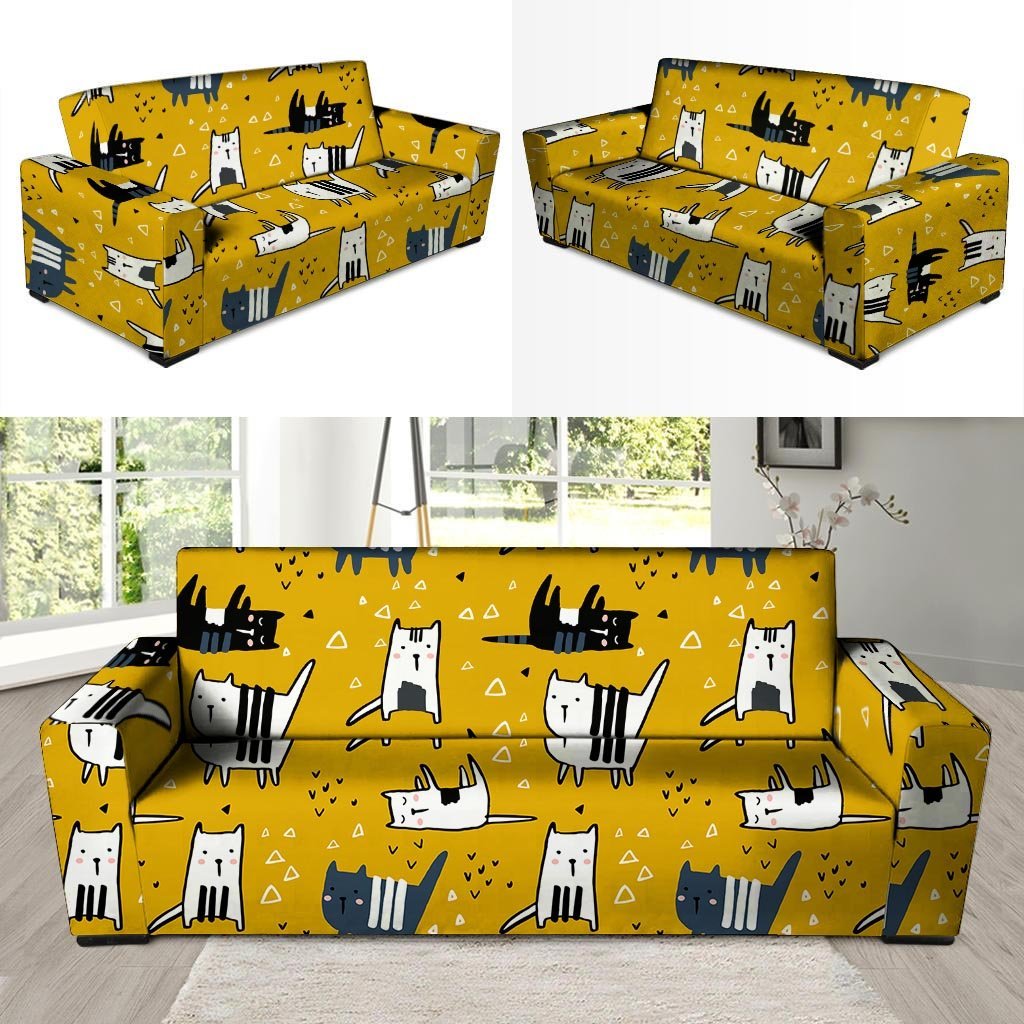 Yellow Doodle Cat Print Sofa Cover-grizzshop