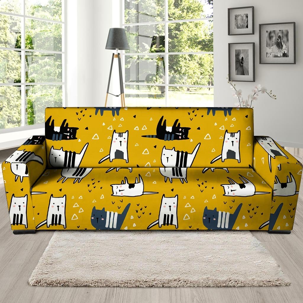 Yellow Doodle Cat Print Sofa Cover-grizzshop