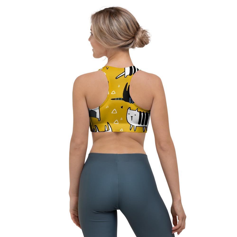 Yellow Doodle Cat Print Sports Bra-grizzshop