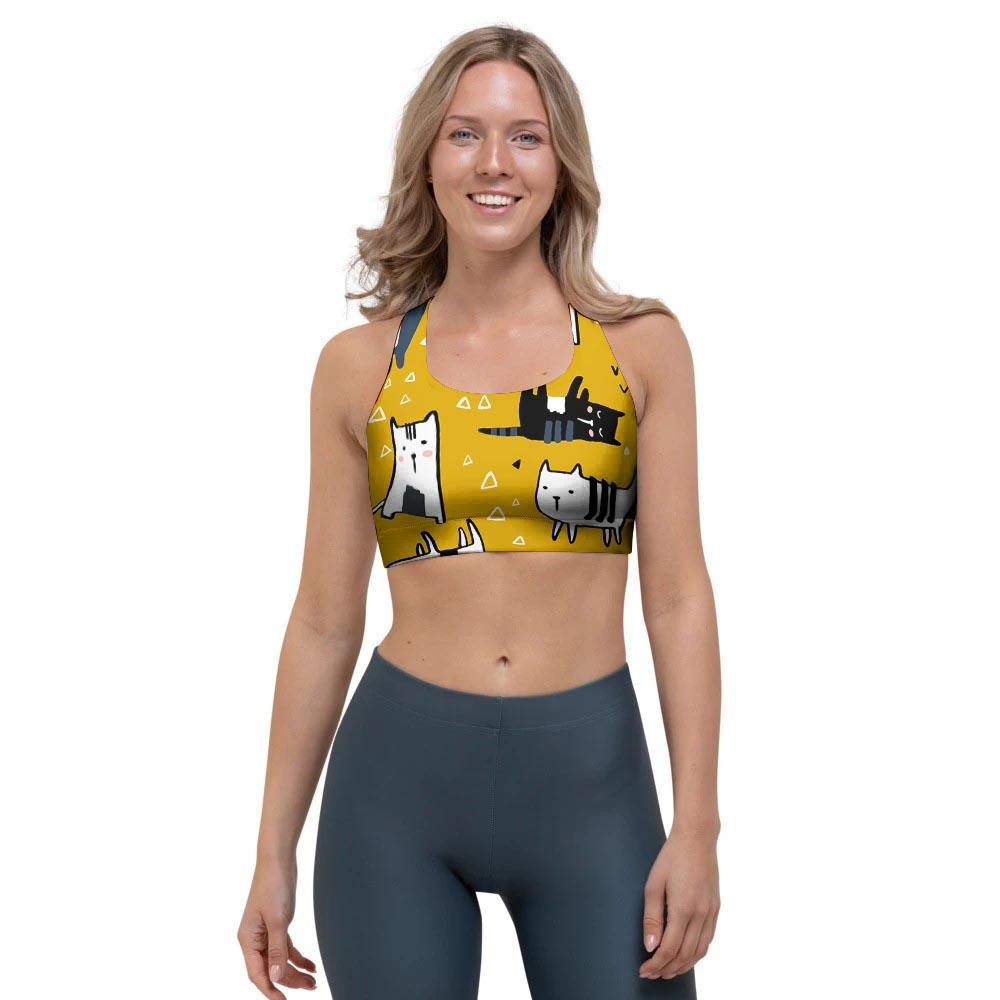 Yellow Doodle Cat Print Sports Bra-grizzshop