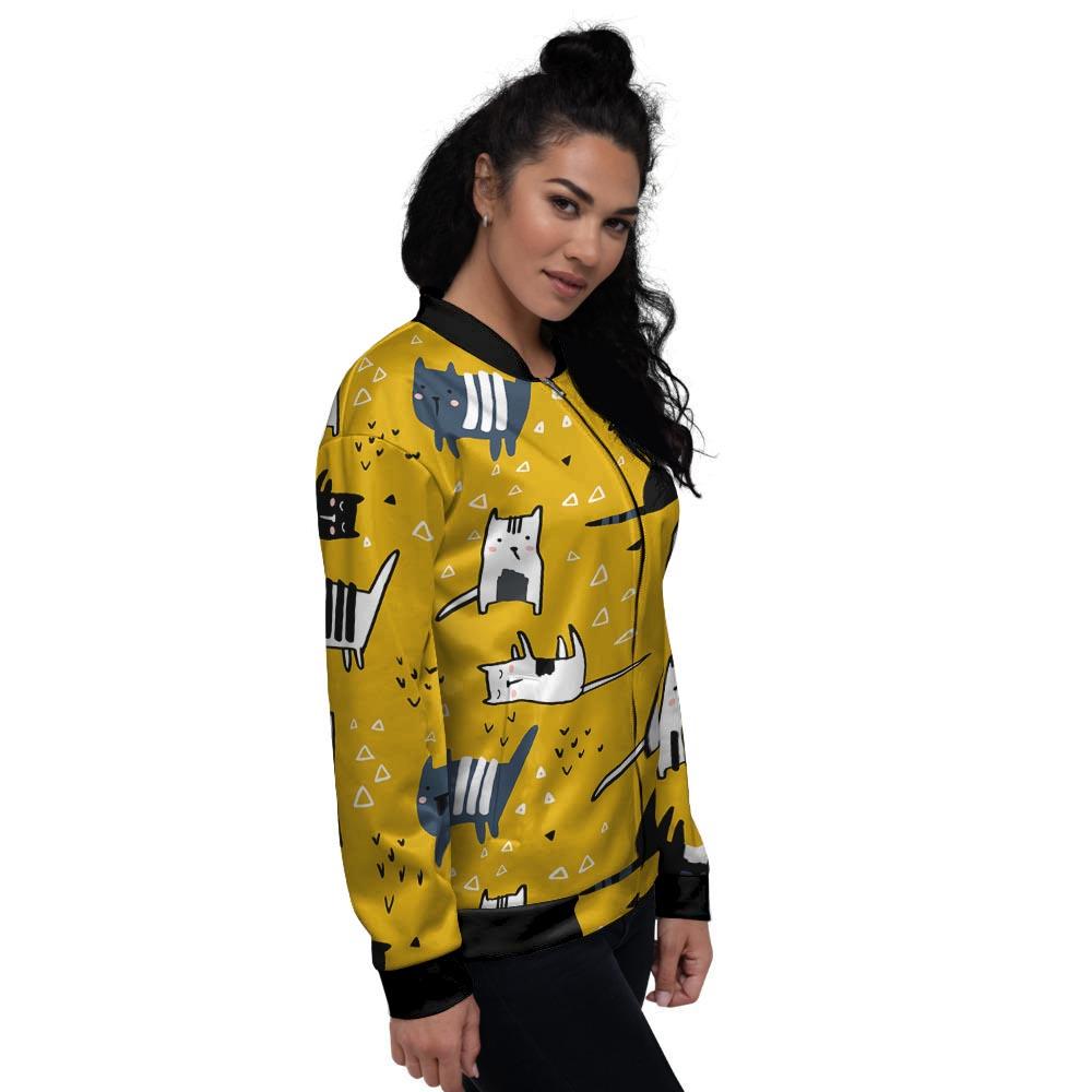 Yellow Doodle Cat Print Women's Bomber Jacket-grizzshop