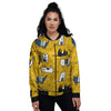 Yellow Doodle Cat Print Women's Bomber Jacket-grizzshop