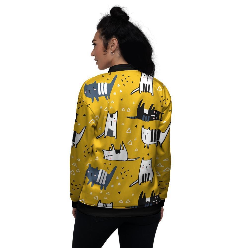 Yellow Doodle Cat Print Women's Bomber Jacket-grizzshop