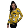 Yellow Doodle Cat Print Women's Bomber Jacket-grizzshop