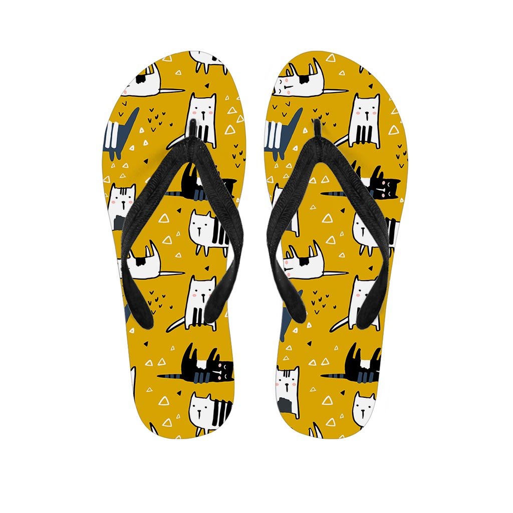 Yellow Doodle Cat Print Women's Flip Flops-grizzshop