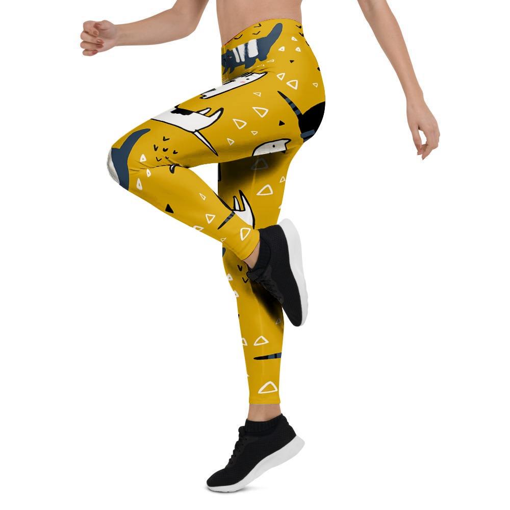 Yellow Doodle Cat Print Women's Leggings-grizzshop