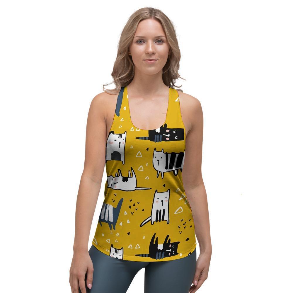 Yellow Doodle Cat Print Women's Racerback Tank Top-grizzshop