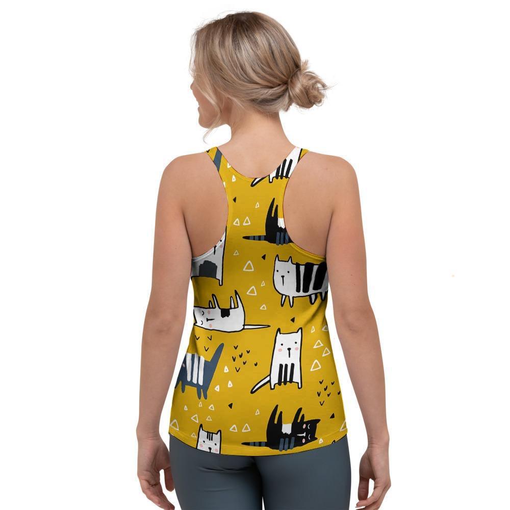 Yellow Doodle Cat Print Women's Racerback Tank Top-grizzshop