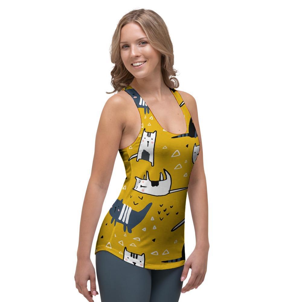 Yellow Doodle Cat Print Women's Racerback Tank Top-grizzshop