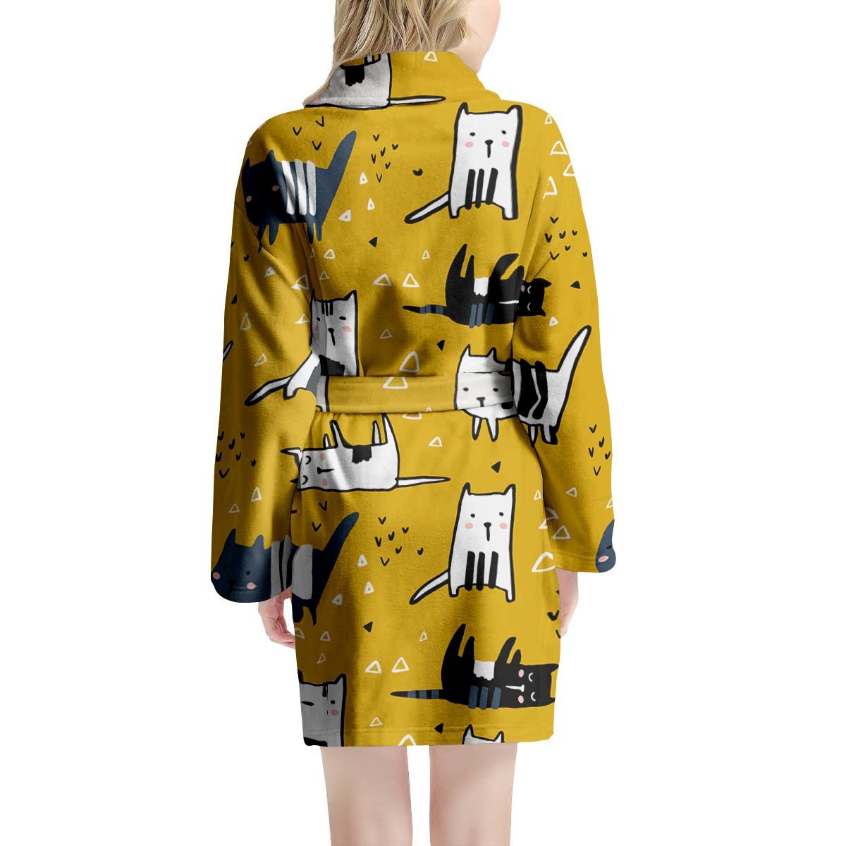 Yellow Doodle Cat Print Women's Robe-grizzshop
