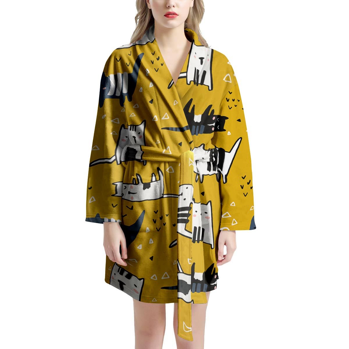 Yellow Doodle Cat Print Women's Robe-grizzshop
