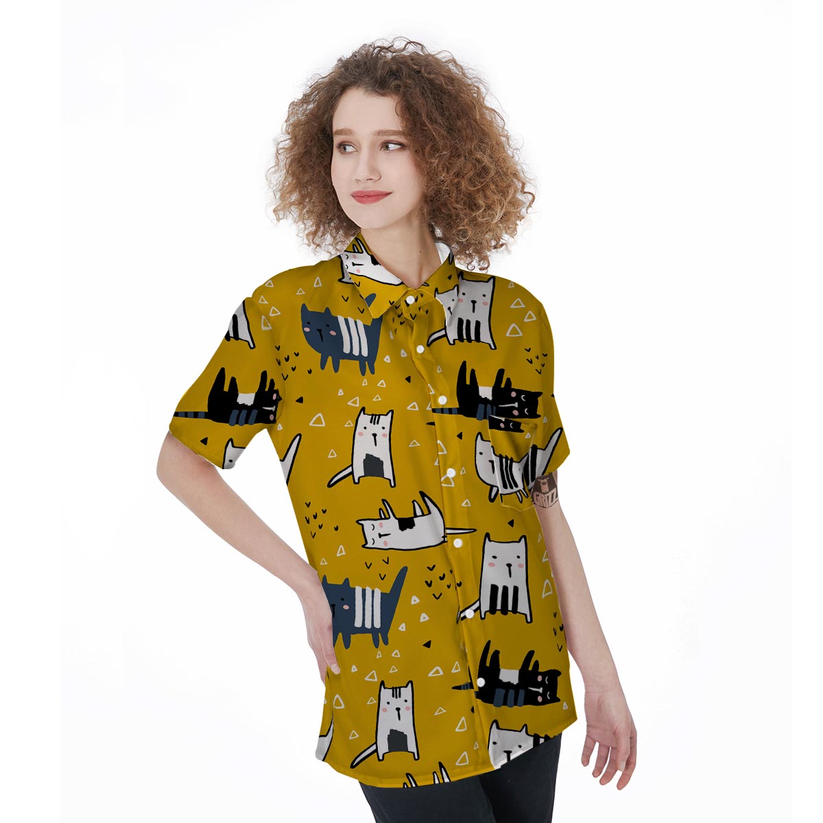 Yellow Doodle Cat Print Women's Short Sleeve Shirts-grizzshop