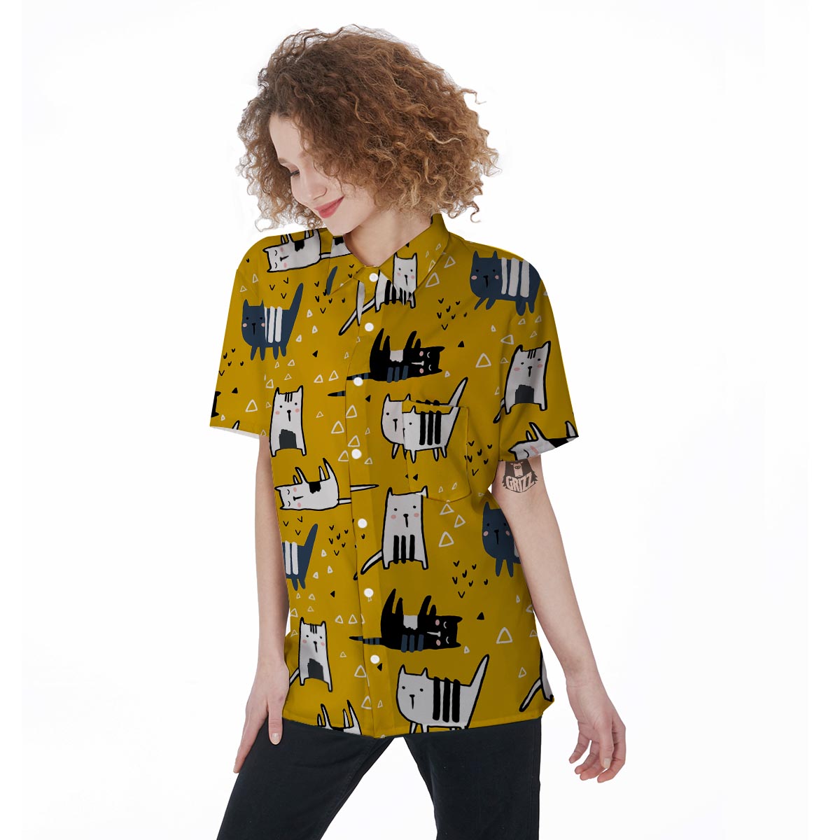 Yellow Doodle Cat Print Women's Short Sleeve Shirts-grizzshop