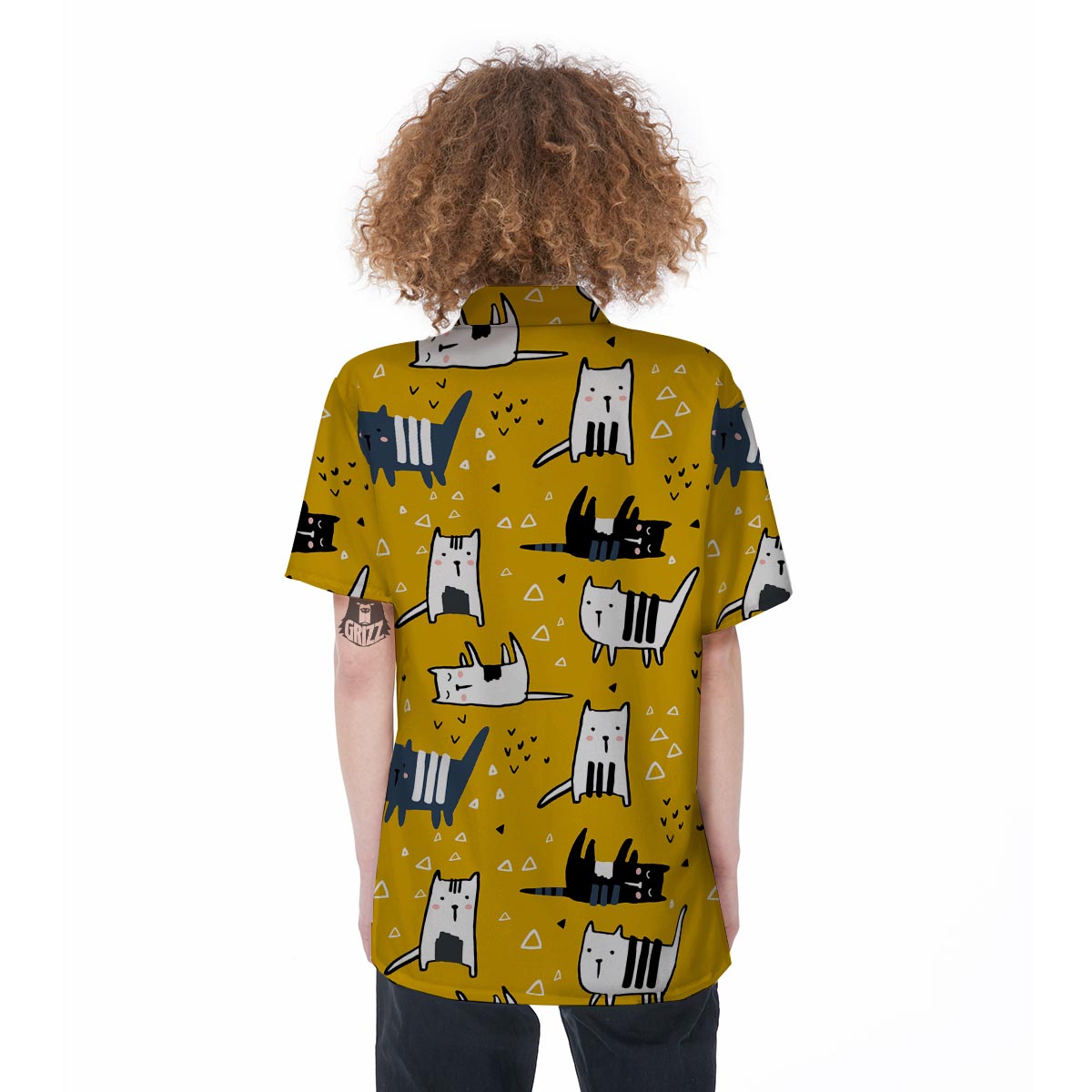 Yellow Doodle Cat Print Women's Short Sleeve Shirts-grizzshop