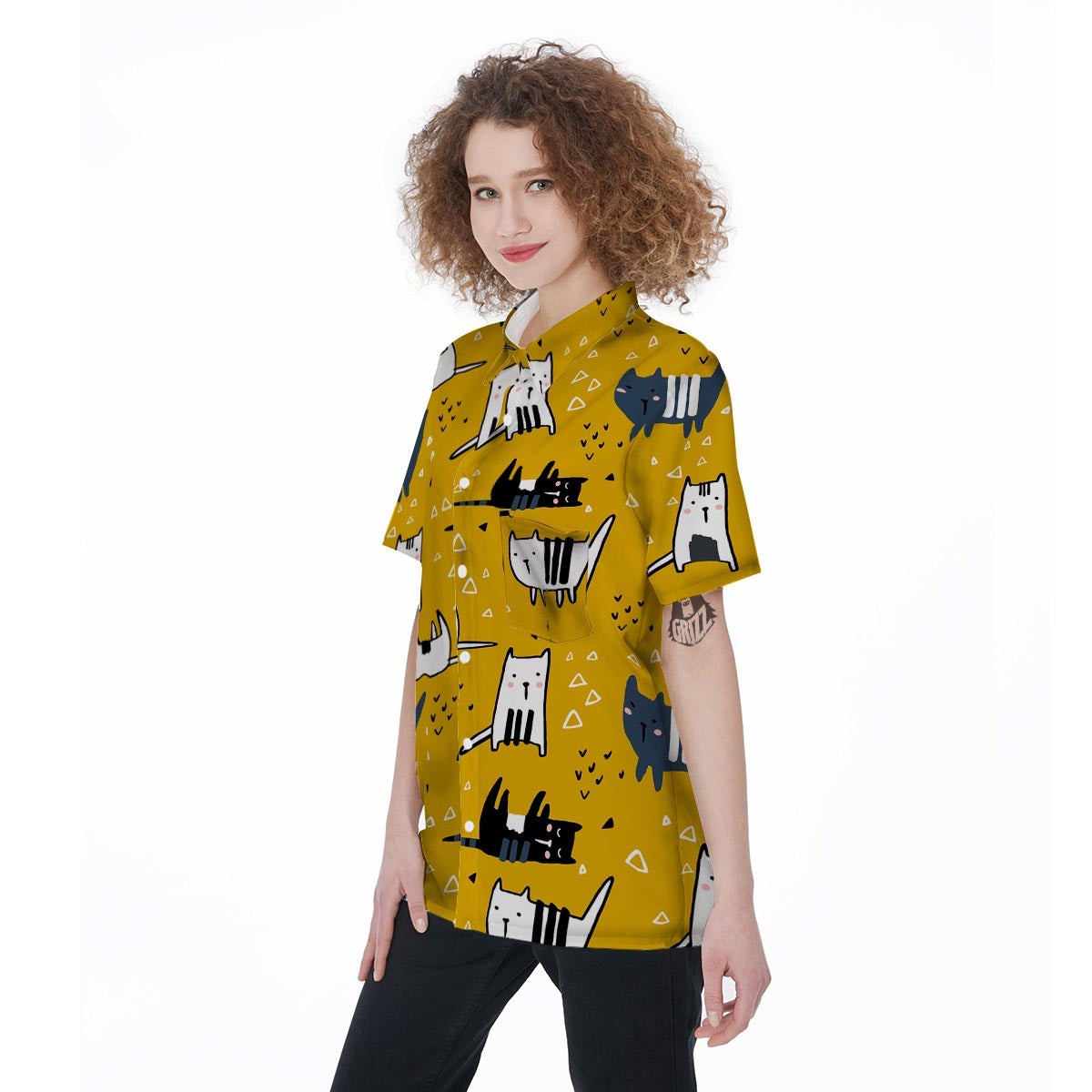 Yellow Doodle Cat Print Women's Short Sleeve Shirts-grizzshop