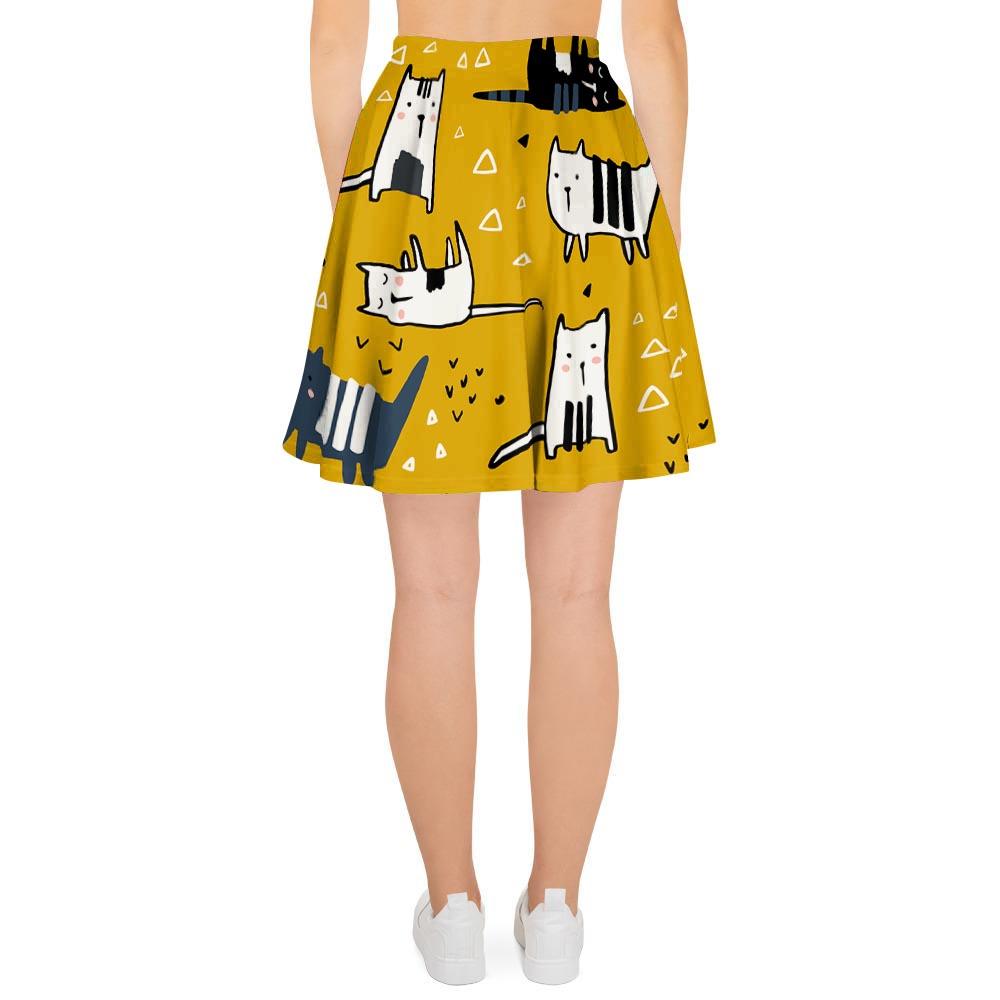 Yellow Doodle Cat Print Women's Skirt-grizzshop