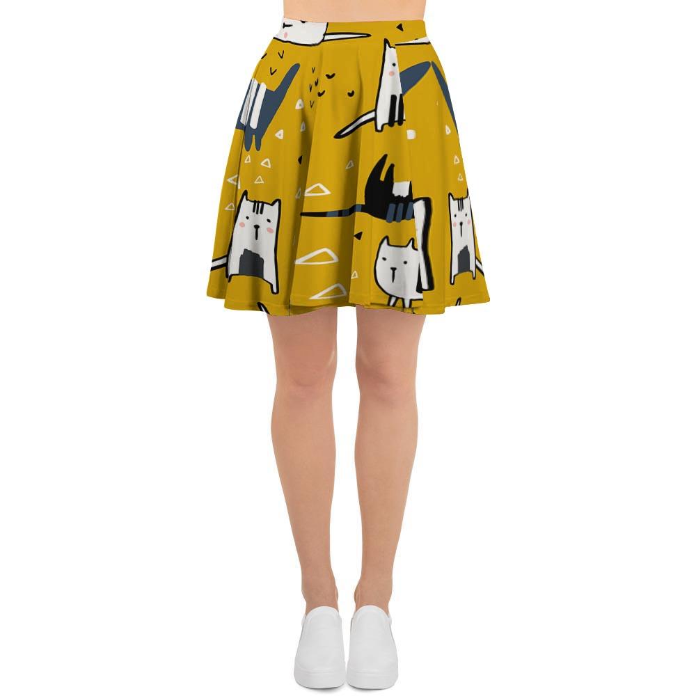 Yellow Doodle Cat Print Women's Skirt-grizzshop