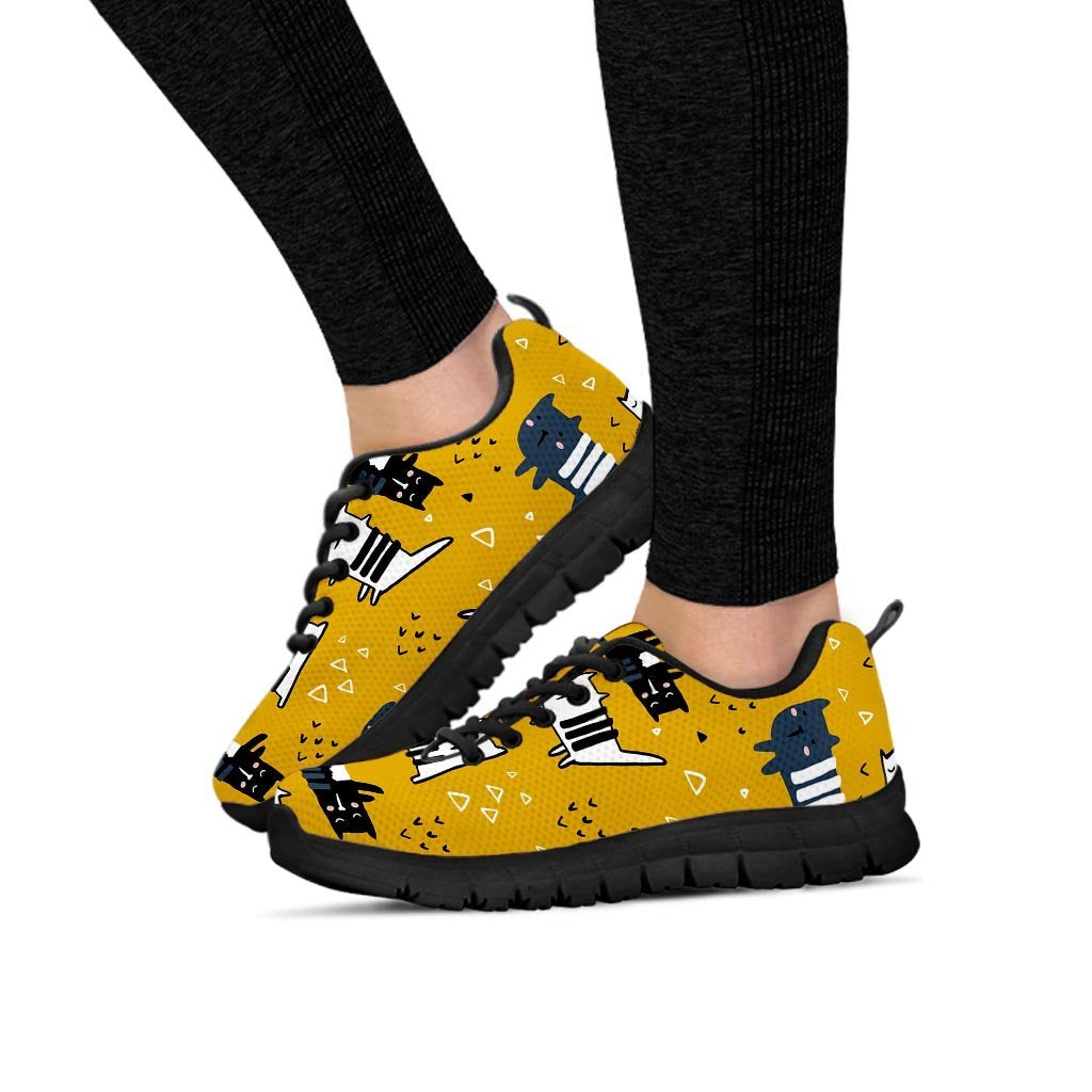 Yellow Doodle Cat Print Women's Sneakers-grizzshop