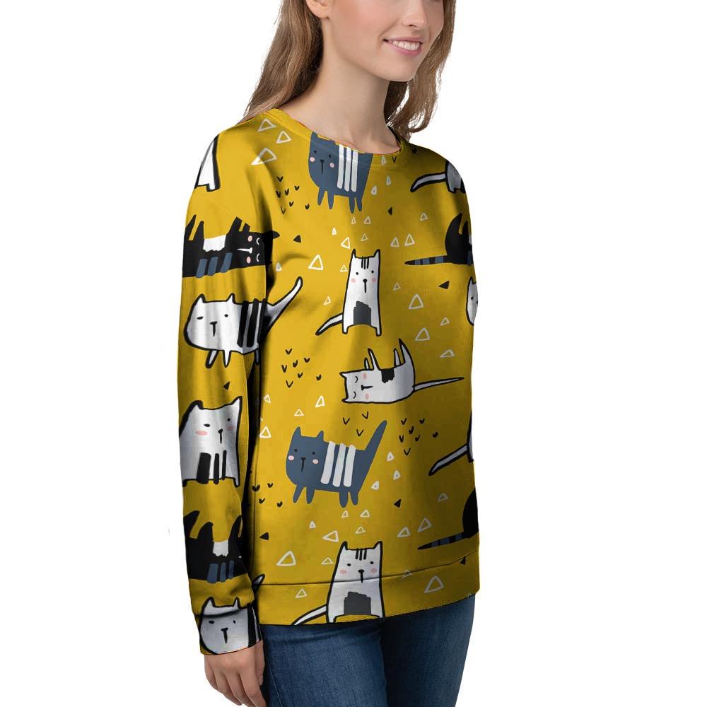 Yellow Doodle Cat Print Women's Sweatshirt-grizzshop