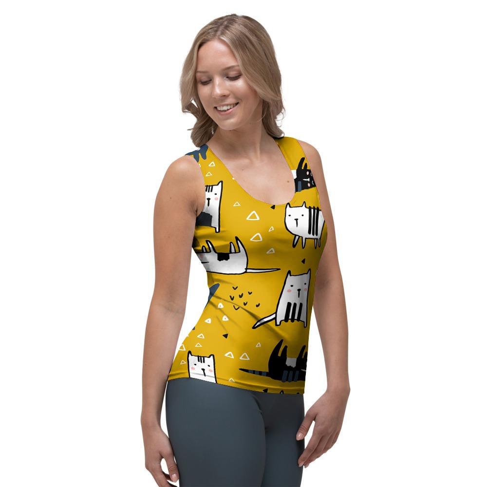 Yellow Doodle Cat Print Women's Tank Top-grizzshop