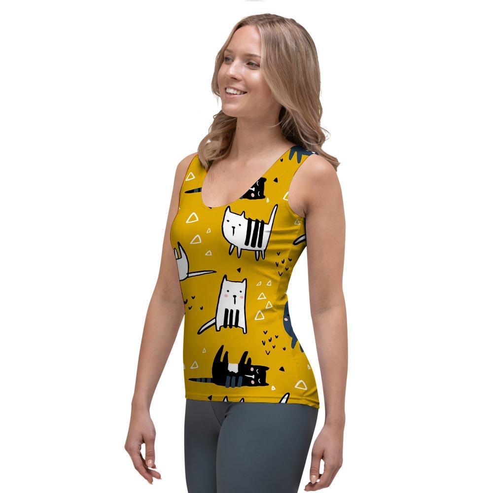 Yellow Doodle Cat Print Women's Tank Top-grizzshop