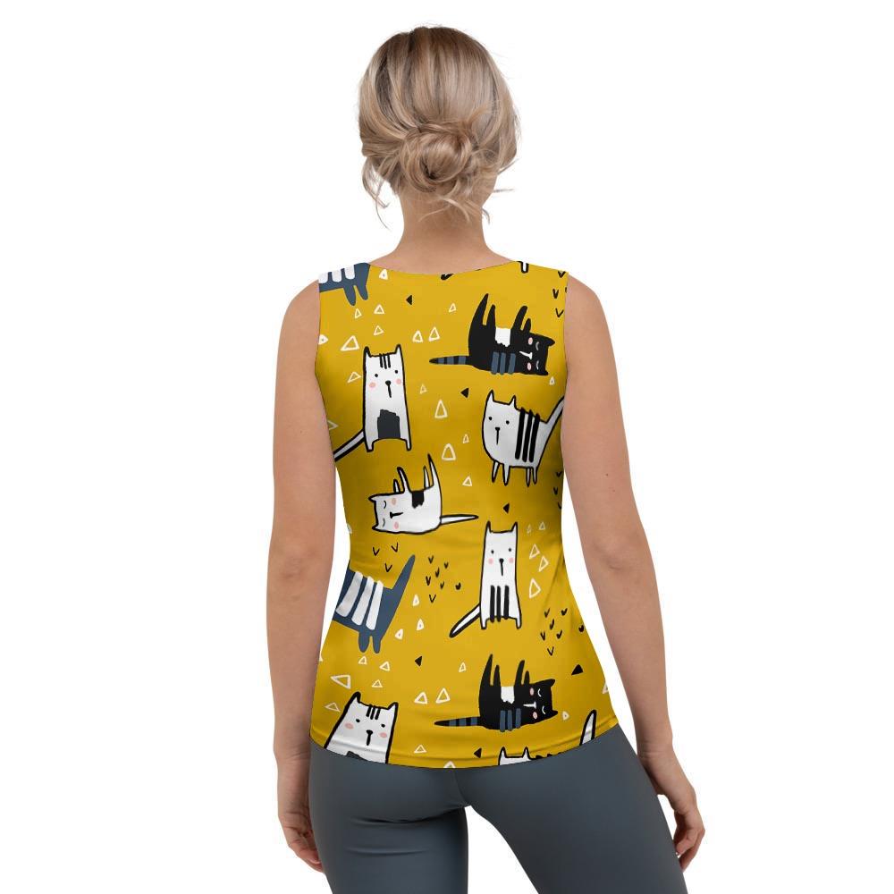 Yellow Doodle Cat Print Women's Tank Top-grizzshop