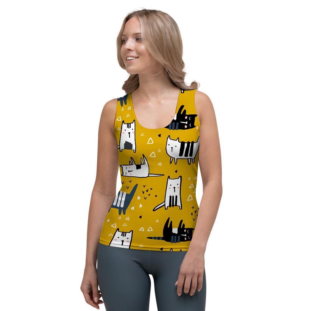Yellow Doodle Cat Print Women's Tank Top-grizzshop