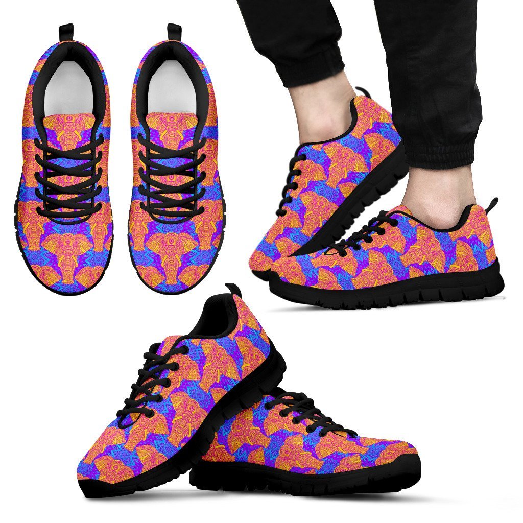 Yellow Elephant Mandala Print Black Sneaker Shoes For Men Women-grizzshop