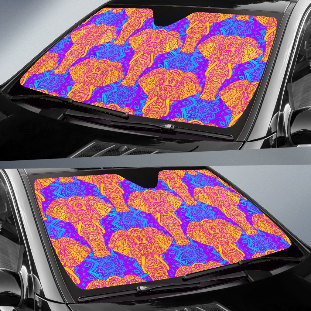 Yellow Elephant Mandala Print Car Sun Shade-grizzshop