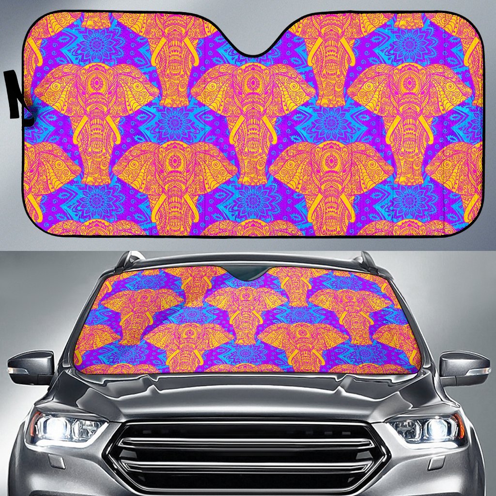 Yellow Elephant Mandala Print Car Sun Shade-grizzshop