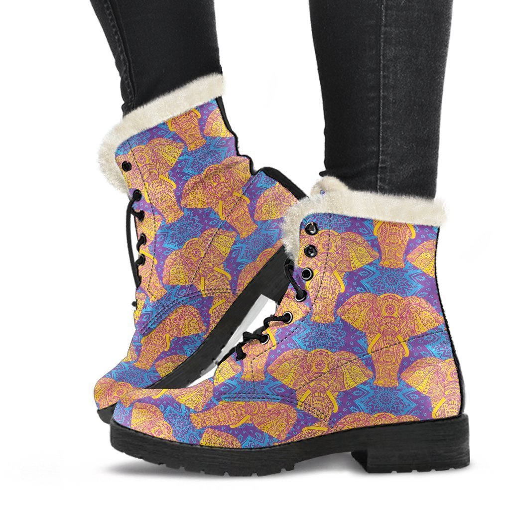 Yellow Elephant Mandala Print Comfy Winter Boots-grizzshop