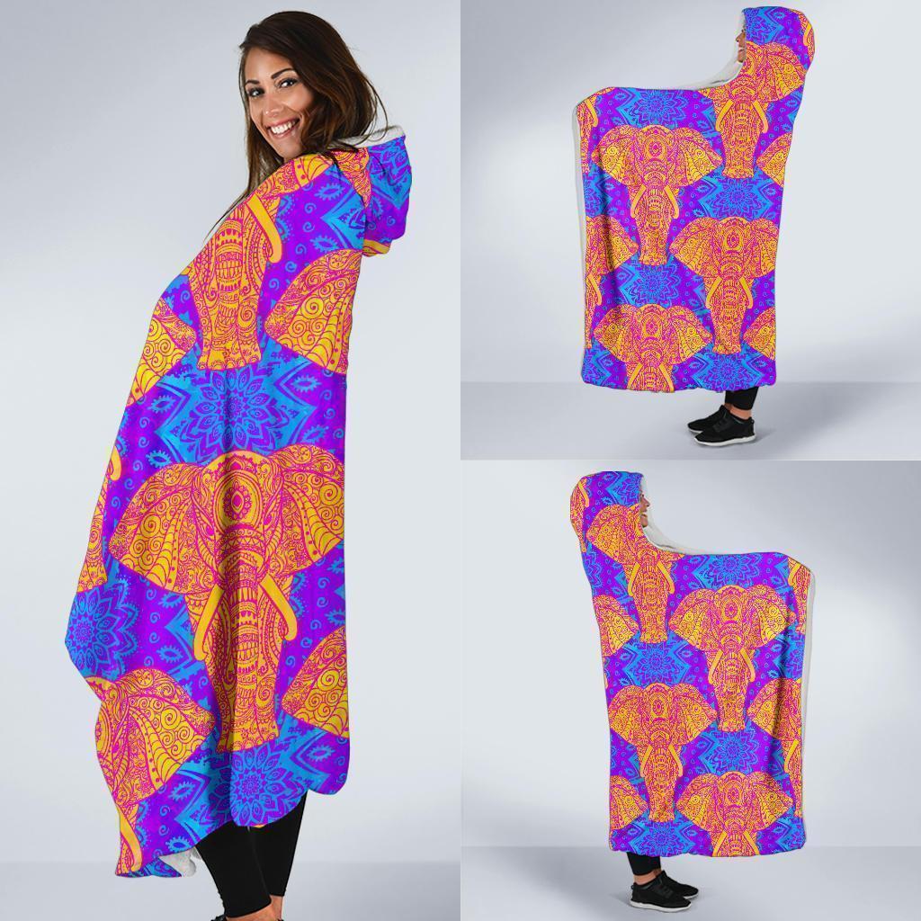 Yellow Elephant Mandala Print Hooded Blanket-grizzshop
