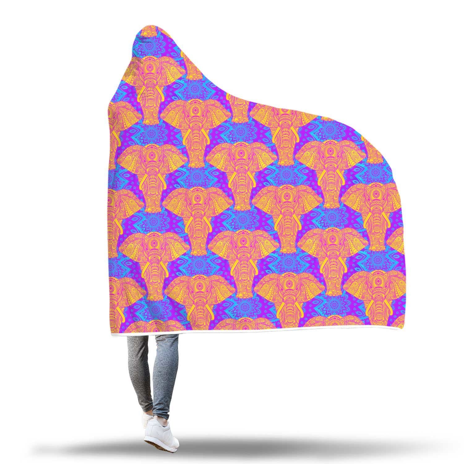 Yellow Elephant Mandala Print Hooded Blanket-grizzshop