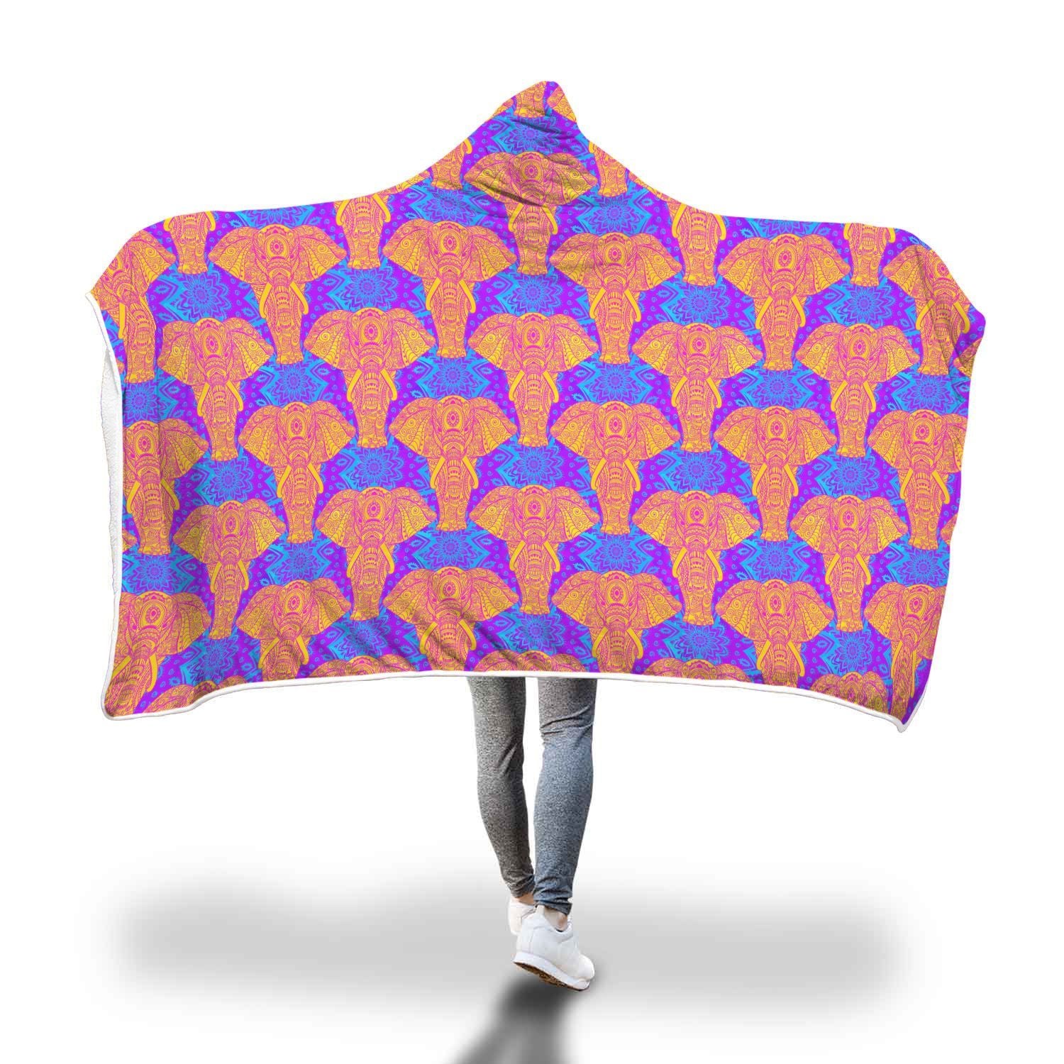 Yellow Elephant Mandala Print Hooded Blanket-grizzshop