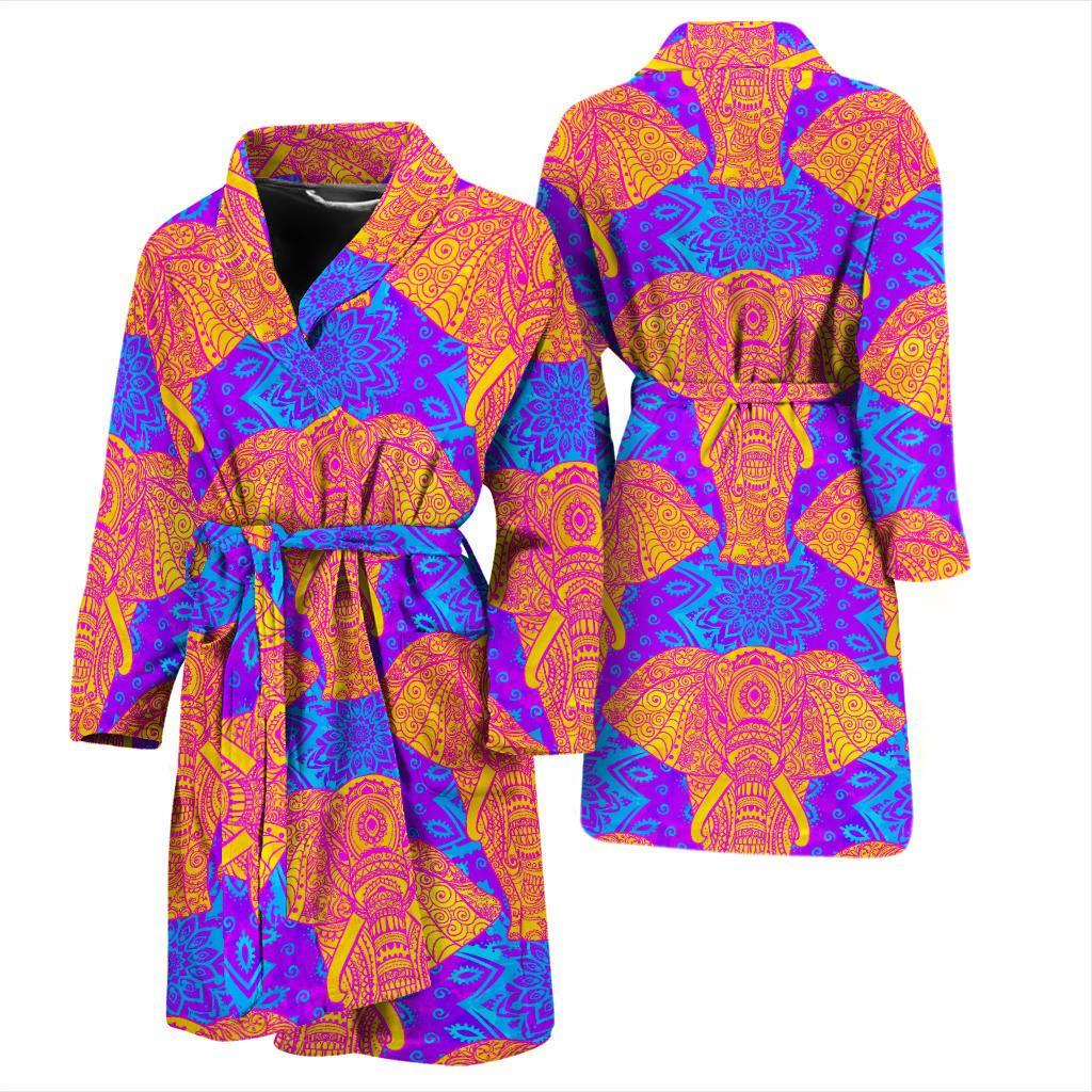 Yellow Elephant Mandala Print Men Long Robe-grizzshop