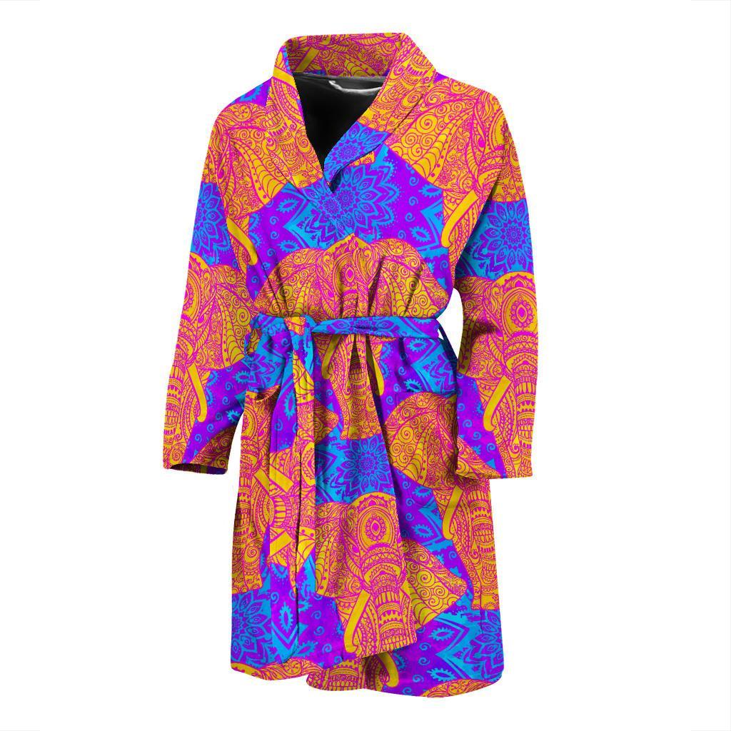 Yellow Elephant Mandala Print Men Long Robe-grizzshop