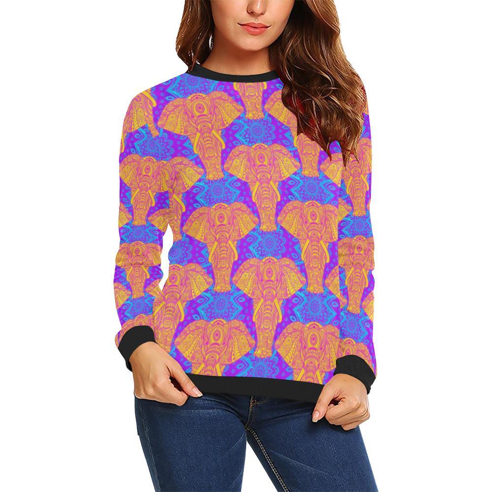 Yellow Elephant Mandala Print Women Crewneck Sweatshirt-grizzshop