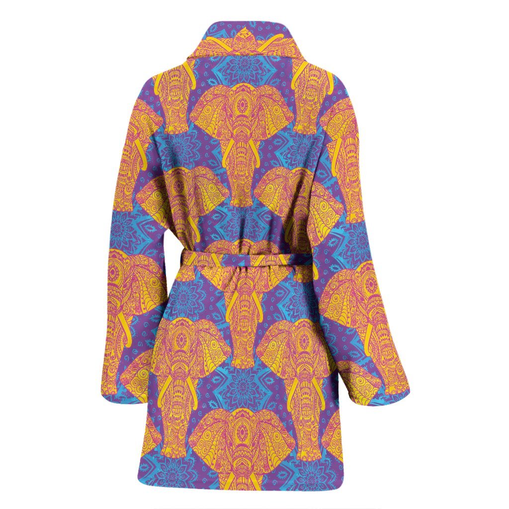 Yellow Elephant Mandala Print Women Long Robe-grizzshop