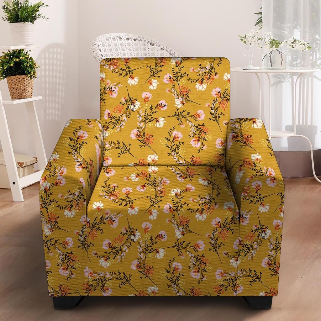 Yellow Floral Retro Print Armchair Cover-grizzshop