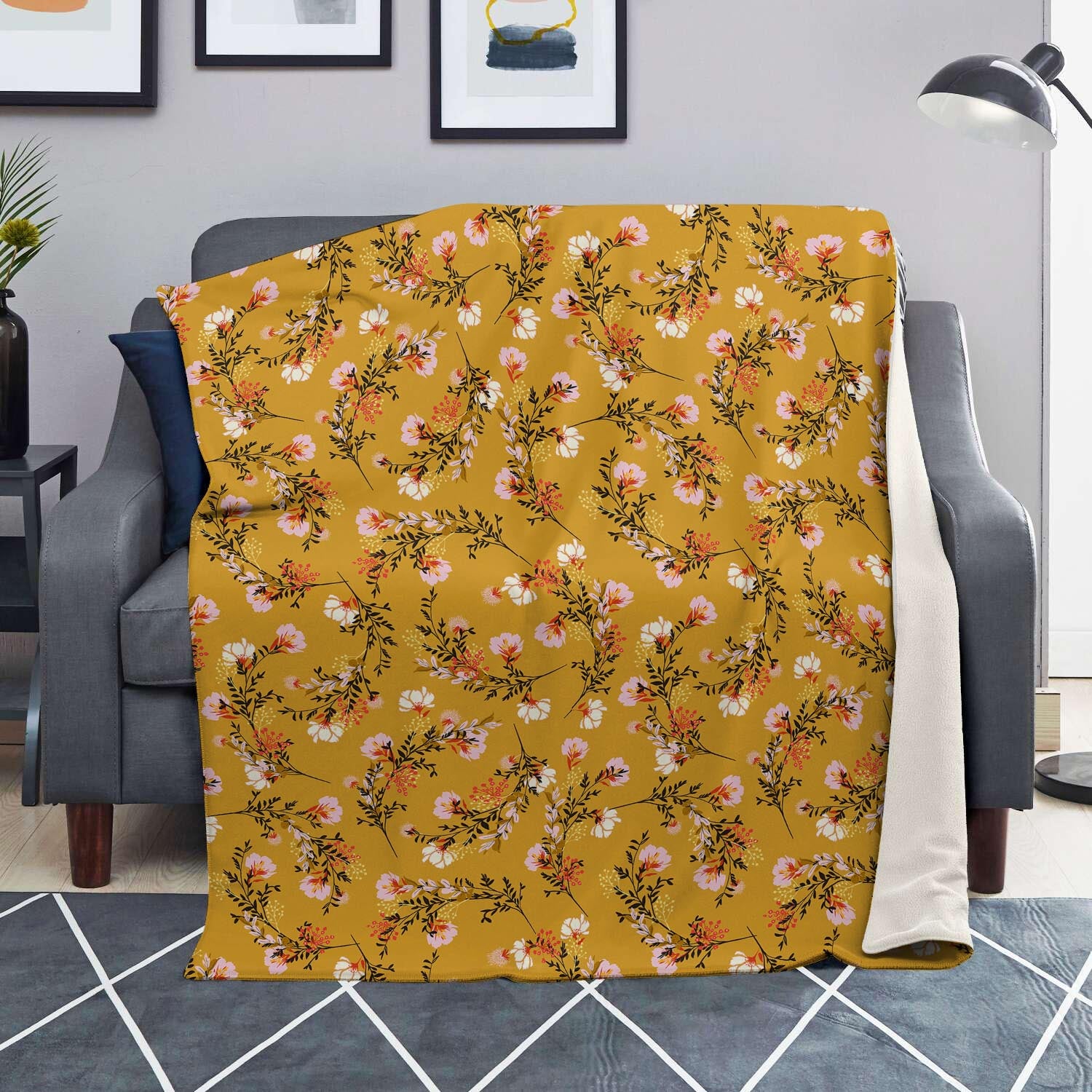 Yellow Floral Retro Print Blanket-grizzshop