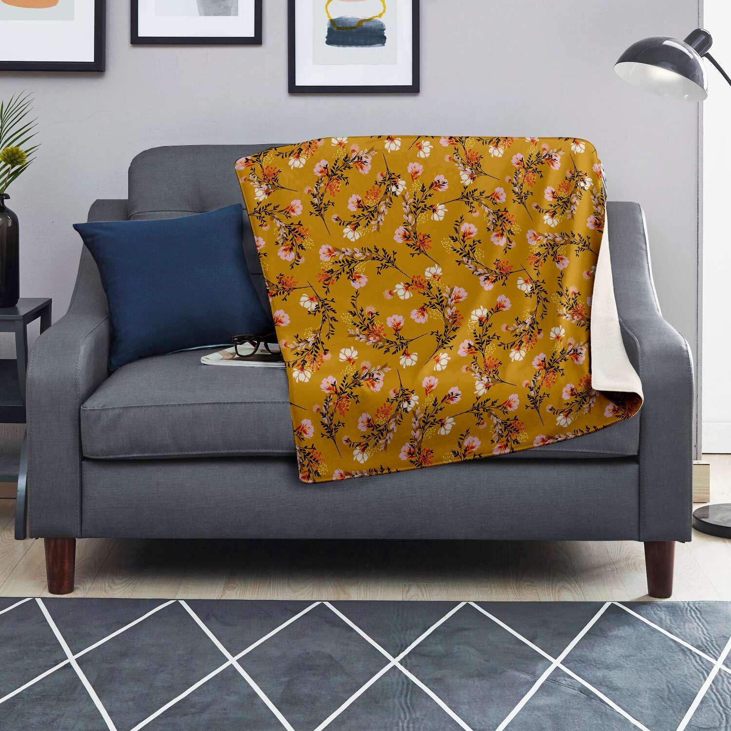 Yellow Floral Retro Print Blanket-grizzshop