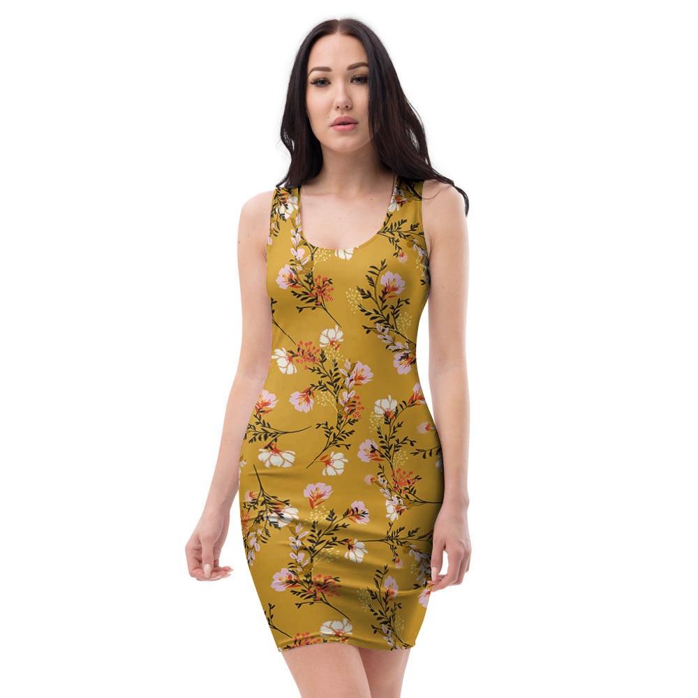 Yellow Floral Retro Print Bodycon Dress-grizzshop