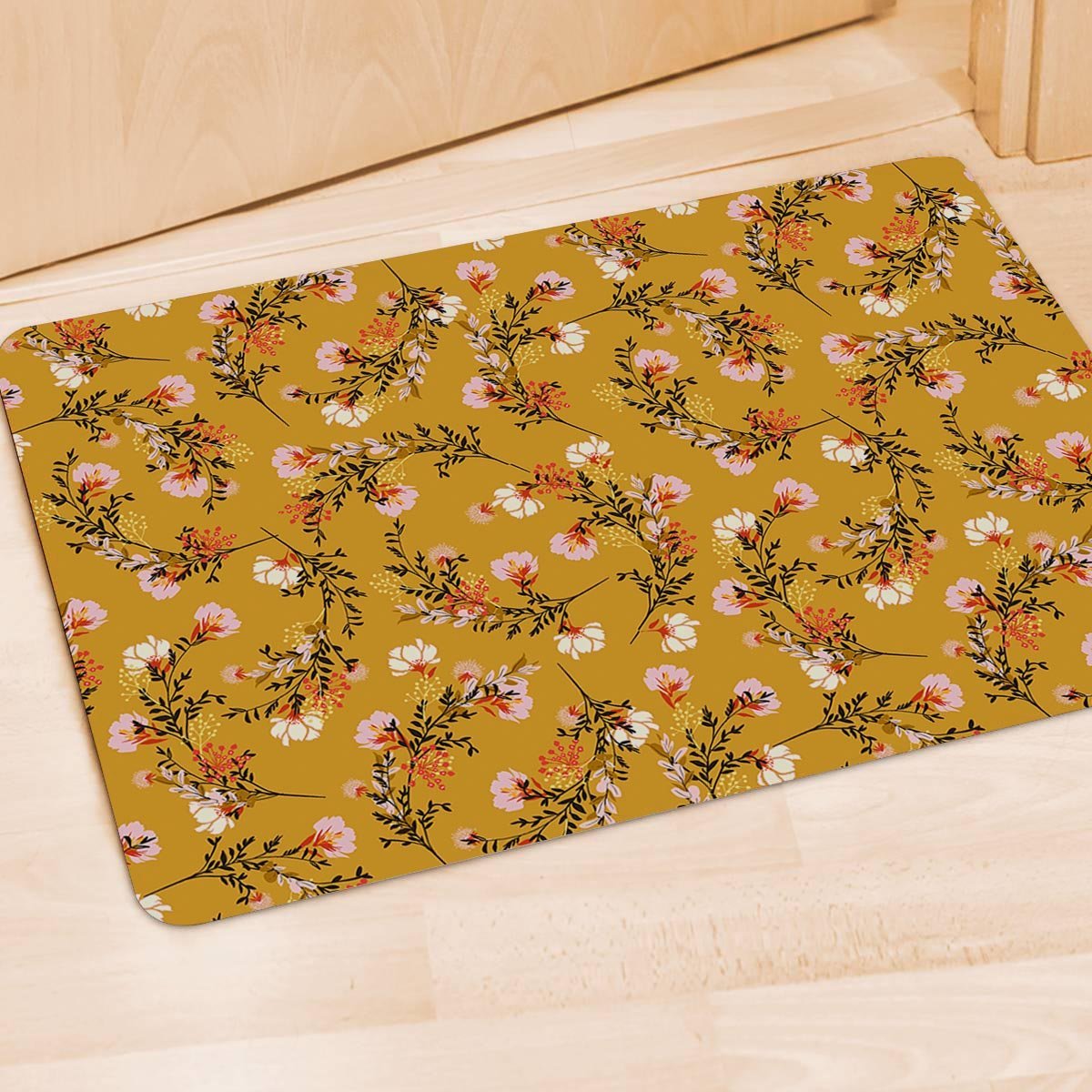 Yellow Floral Retro Print Door Mat-grizzshop