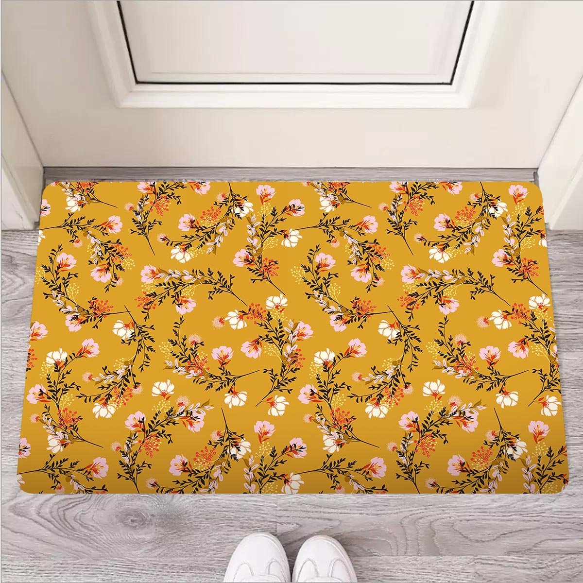 Yellow Floral Retro Print Door Mat-grizzshop